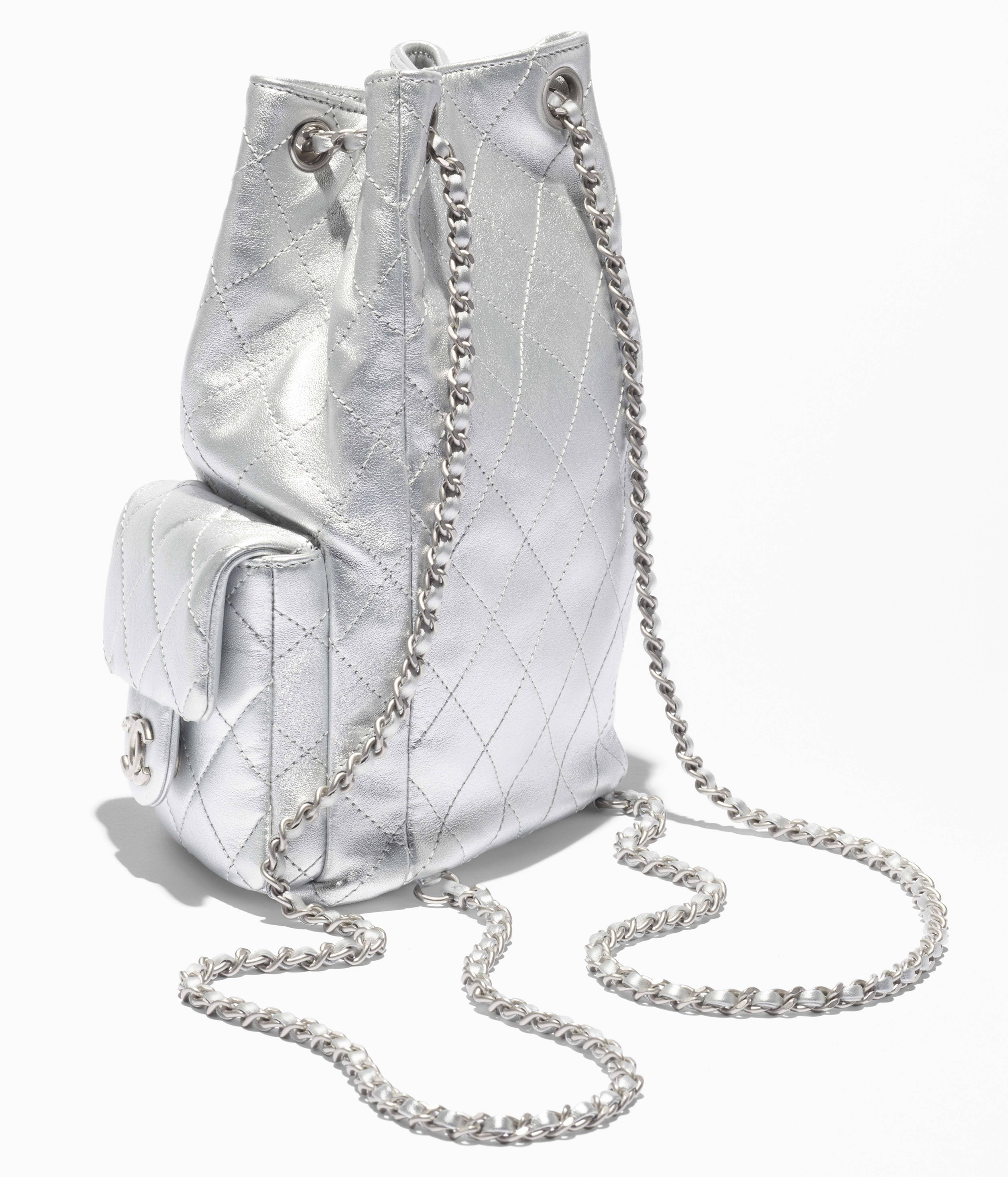 Mochila - Plateado - Piel de cordero metalizada y metal plateado - 